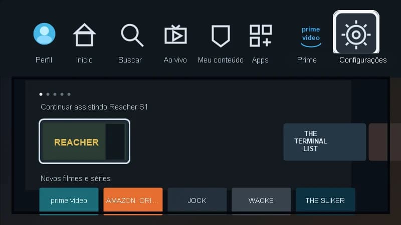 Acessando Configurações na tela inicial do Fire TV Stick