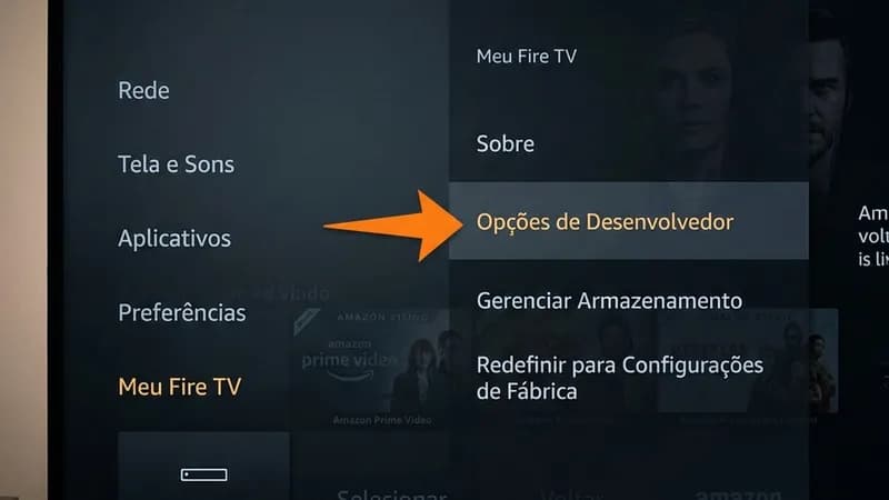 Menu Meu Fire TV mostrando Opções de Desenvolvedor