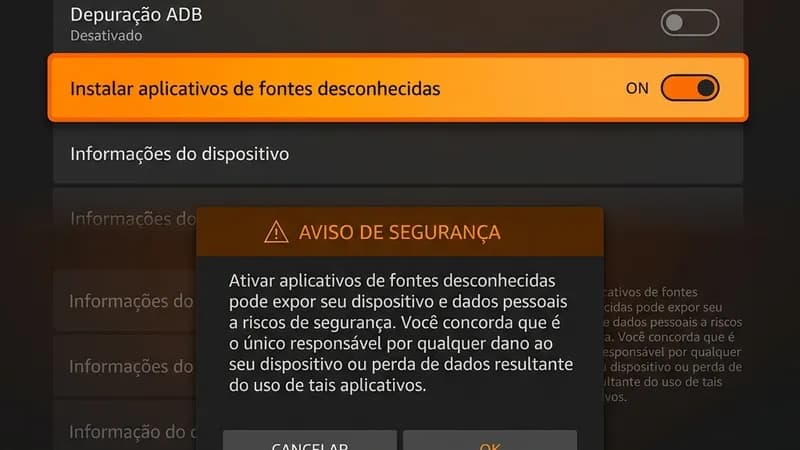 Ativando Apps de fontes desconhecidas nas Opções de Desenvolvedor do Fire TV