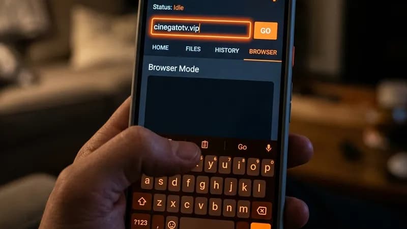Digitando cinegatotv.vip no app Downloader do Fire TV