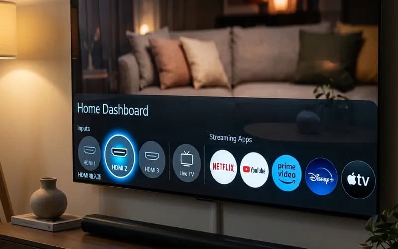 Selecionando entrada HDMI no menu Home da Smart TV LG WebOS