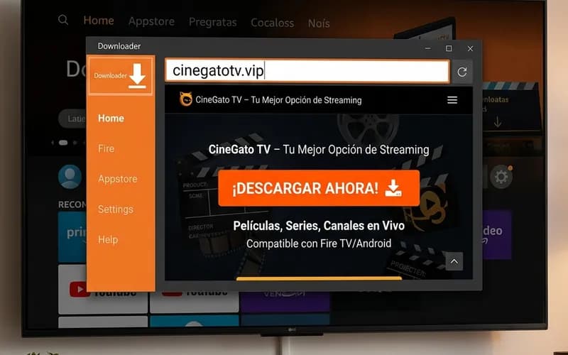 Baixando Cinegato TV pelo Downloader no Fire TV Stick conectado à Samsung